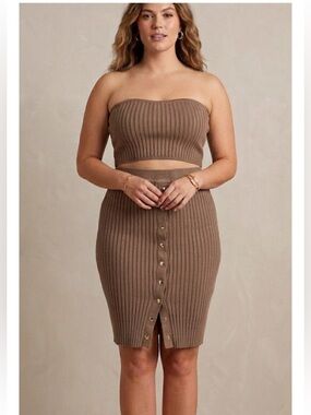 Room Service🤎 tan brown ribbed 2 piece bandeau & button down skirt set